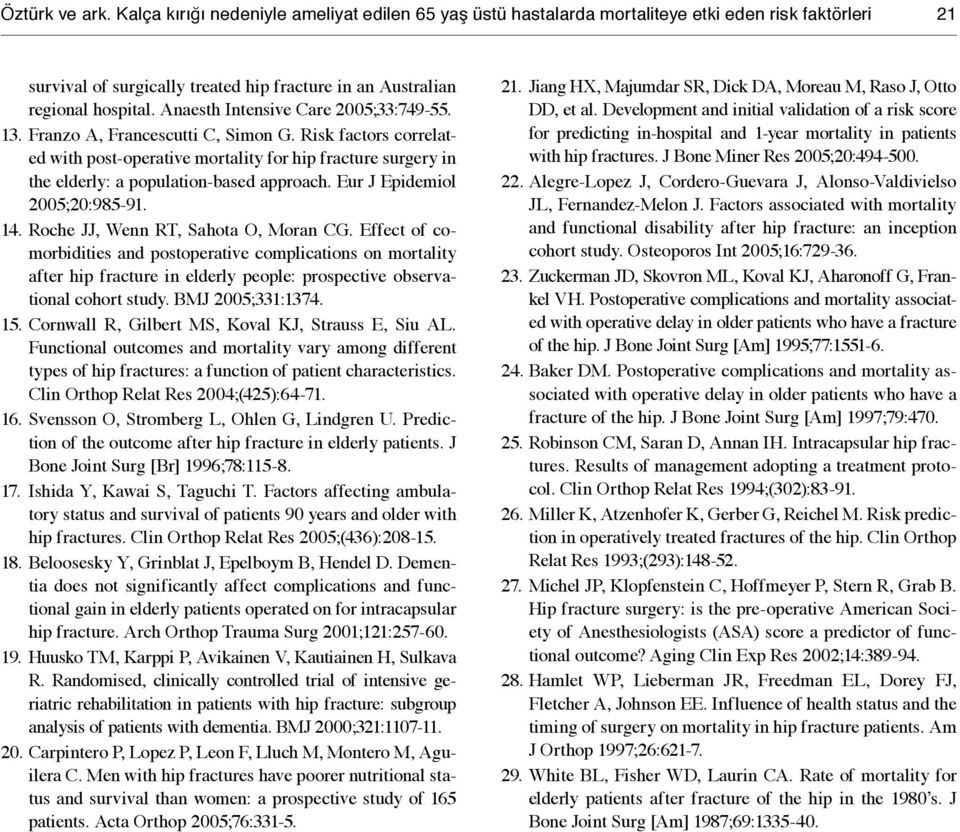 Risk factors correlated with post-operative mortality for hip fracture surgery in the elderly: a population-based approach. Eur J Epidemiol 2005;20:985-91. 14. Roche JJ, Wenn RT, Sahota O, Moran CG.