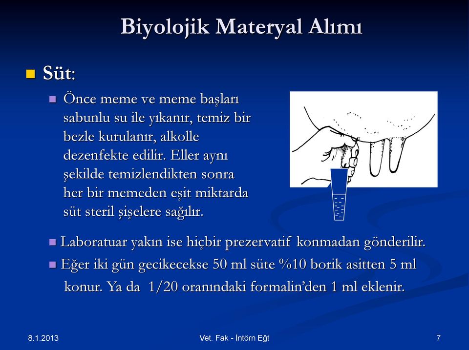 Eller aynı şekilde temizlendikten sonra her bir memeden eşit miktarda süt steril şişelere sağılır.