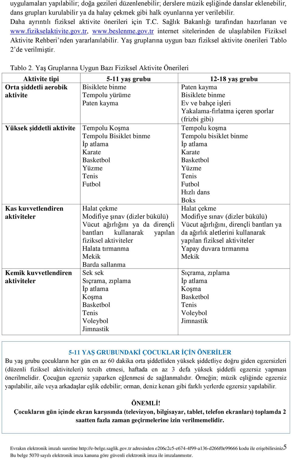 tr, www.beslenme.gov.tr internet sitelerinden de ulaşılabilen Fiziksel Aktivite Rehberi nden yararlanılabilir. Yaş gruplarına uygun bazı fiziksel aktivite önerileri Tablo 2 