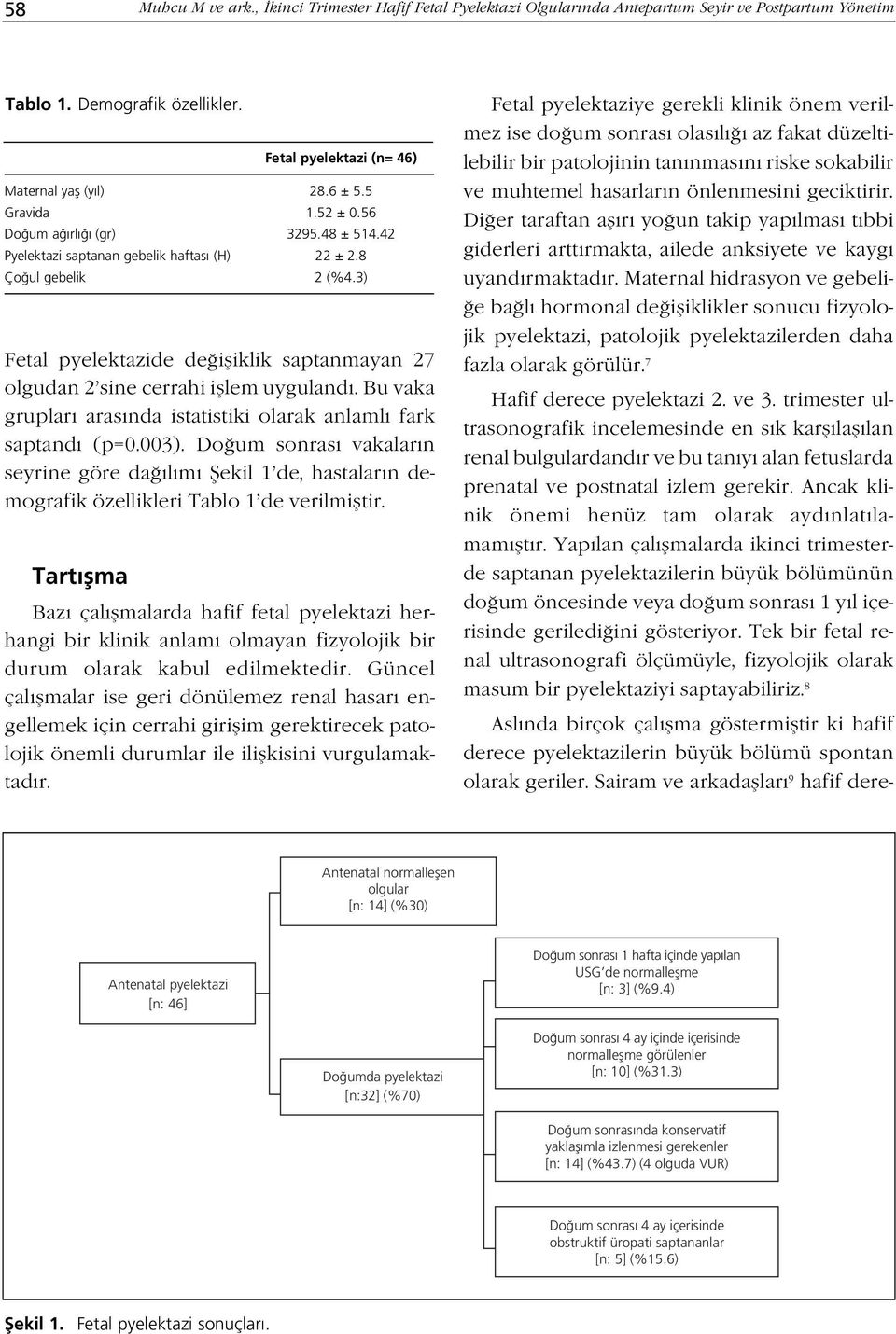 3) Fetal pyelektazide de ifliklik saptanmayan 27 olgudan 2 sine cerrahi ifllem uygulandı. Bu vaka grupları arasında istatistiki olarak anlamlı fark saptandı (p=0.003).