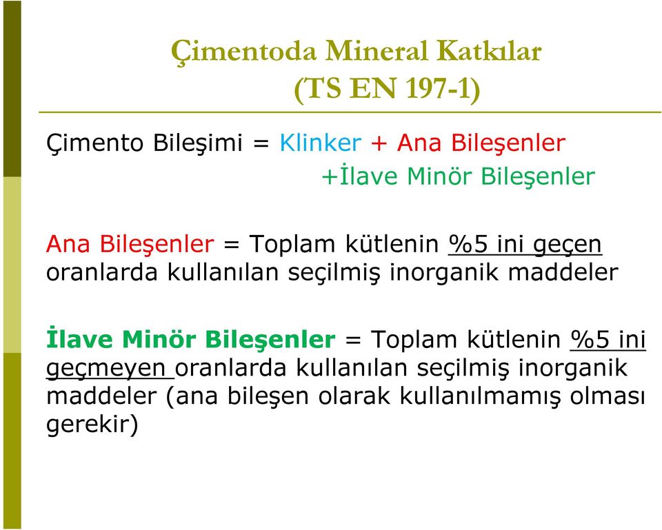 kullanılan seçilmiş inorganik maddeler İlave Minör Bileşenler = Toplam kütlenin %5 ini