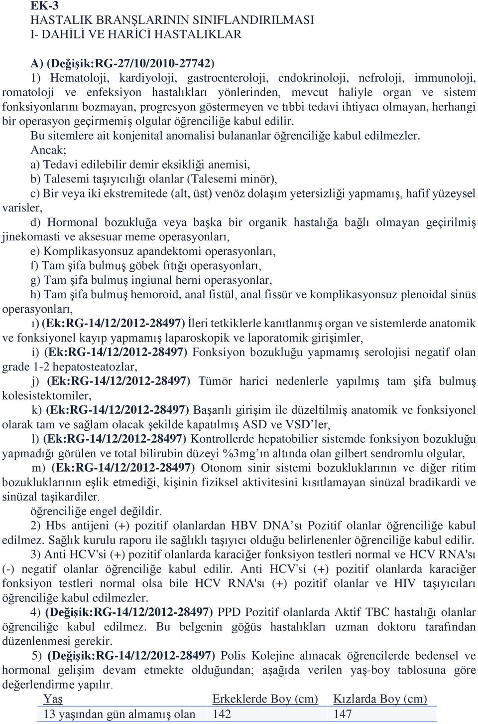 olgular öğrenciliğe kabul edilir. Bu sitemlere ait konjenital anomalisi bulananlar öğrenciliğe kabul edilmezler.