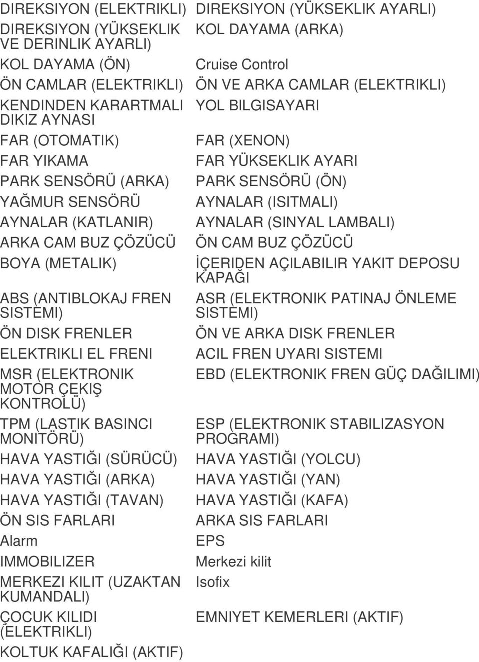 AYNALAR (SINYAL LAMBALI) ARKA CAM BUZ ÇÖZÜCÜ ÖN CAM BUZ ÇÖZÜCÜ BOYA (METALIK) İÇERIDEN AÇILABILIR YAKIT DEPOSU KAPAĞI ABS (ANTIBLOKAJ FREN SISTEMI) ASR (ELEKTRONIK PATINAJ ÖNLEME SISTEMI) ÖN DISK