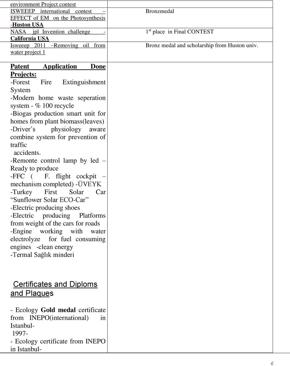 Patent Application Done Projects: -Forest Fire Extinguishment System -Modern home waste seperation system - % 100 recycle -Biogas production smart unit for homes from plant biomass(leaves) -Driver s