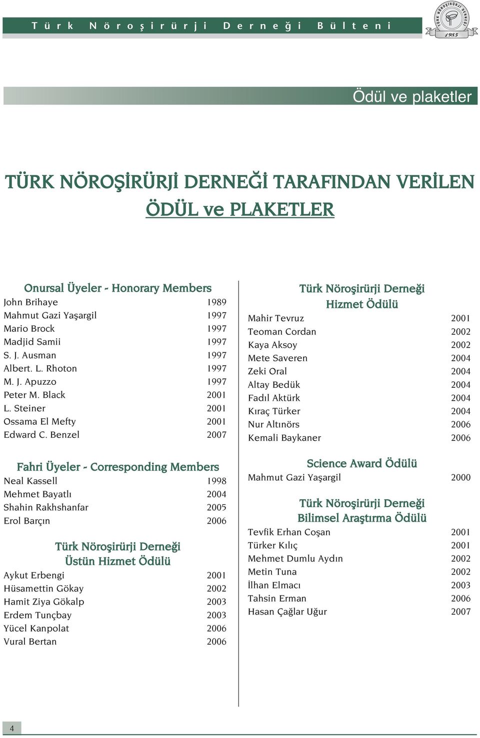 Benzel 2007 Fahri Üyeler - Corresponding Members Neal Kassell 1998 Mehmet Bayatl 2004 Shahin Rakhshanfar 2005 Erol Barç n 2006 Türk Nöroflirürji Derne i Üstün Hizmet Ödülü Aykut Erbengi 2001