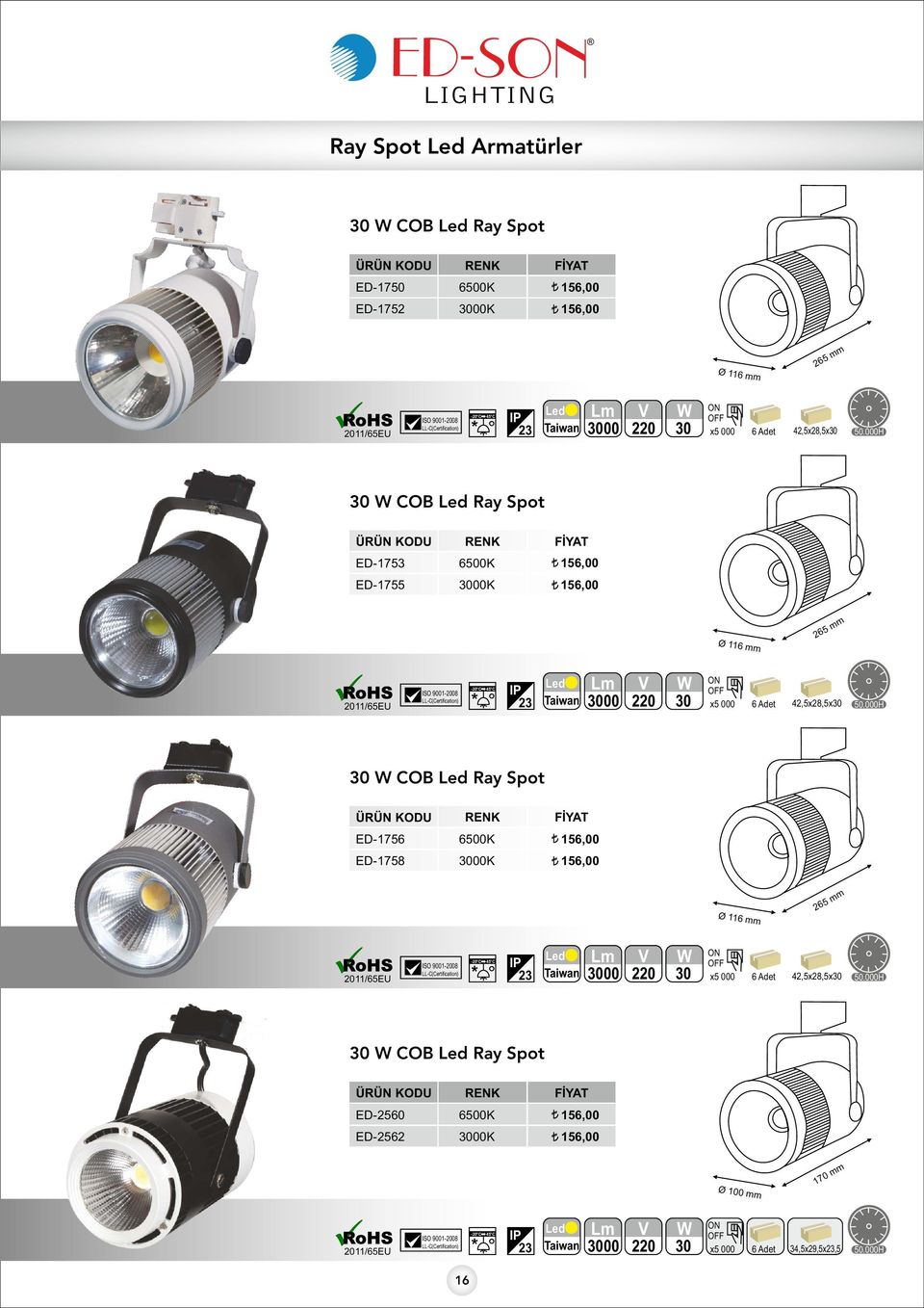 42,5x28,5x30 30 COB Ray Spot ED-1756 156,00 ED-1758 156,00 Ø 116 mm 265 mm 3000 30 x5 000 6 Adet