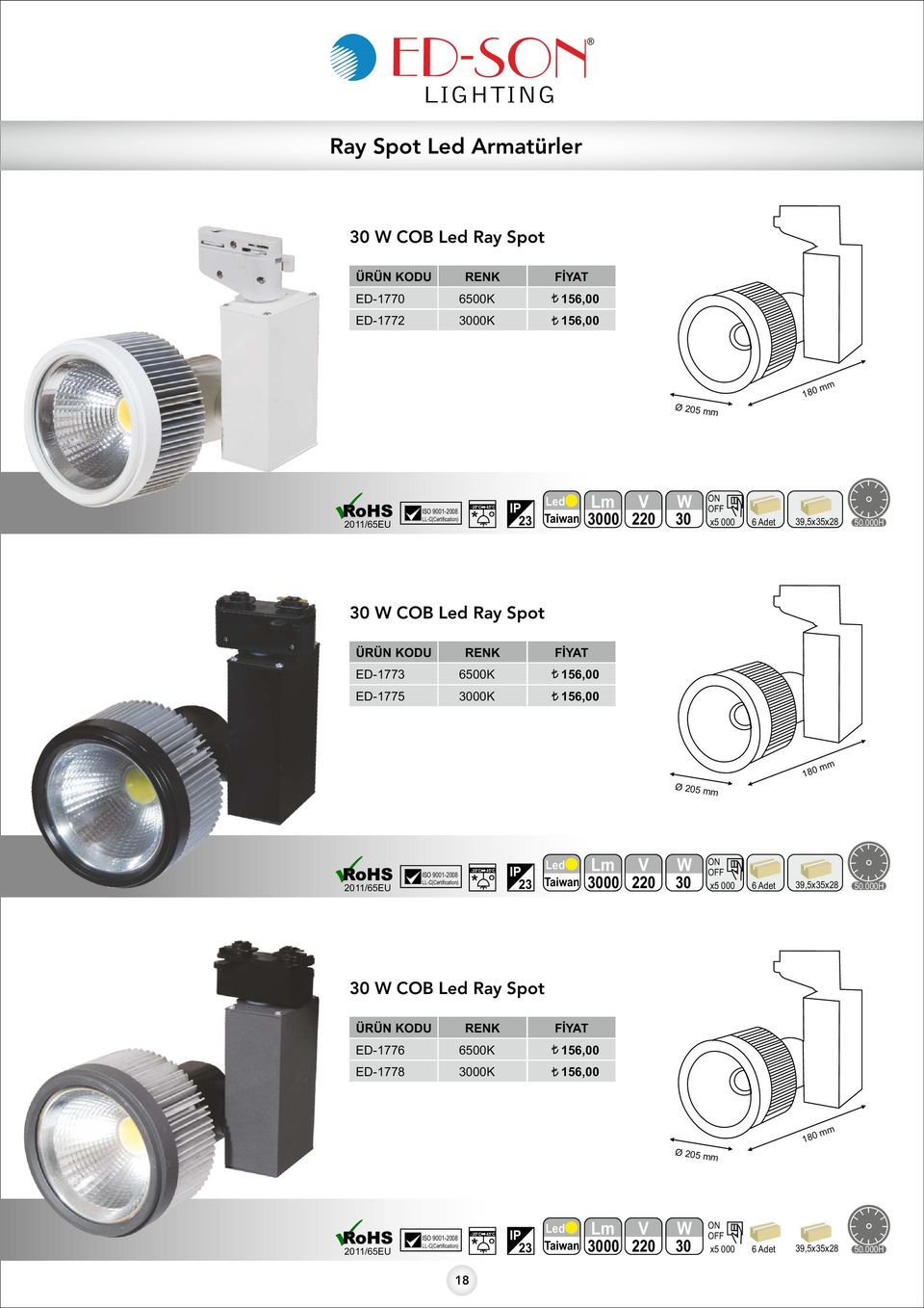 ED-1775 156,00 180 mm Ø 205 mm 3000 30 x5 000 6 Adet 39,5x35x28 30 COB Ray