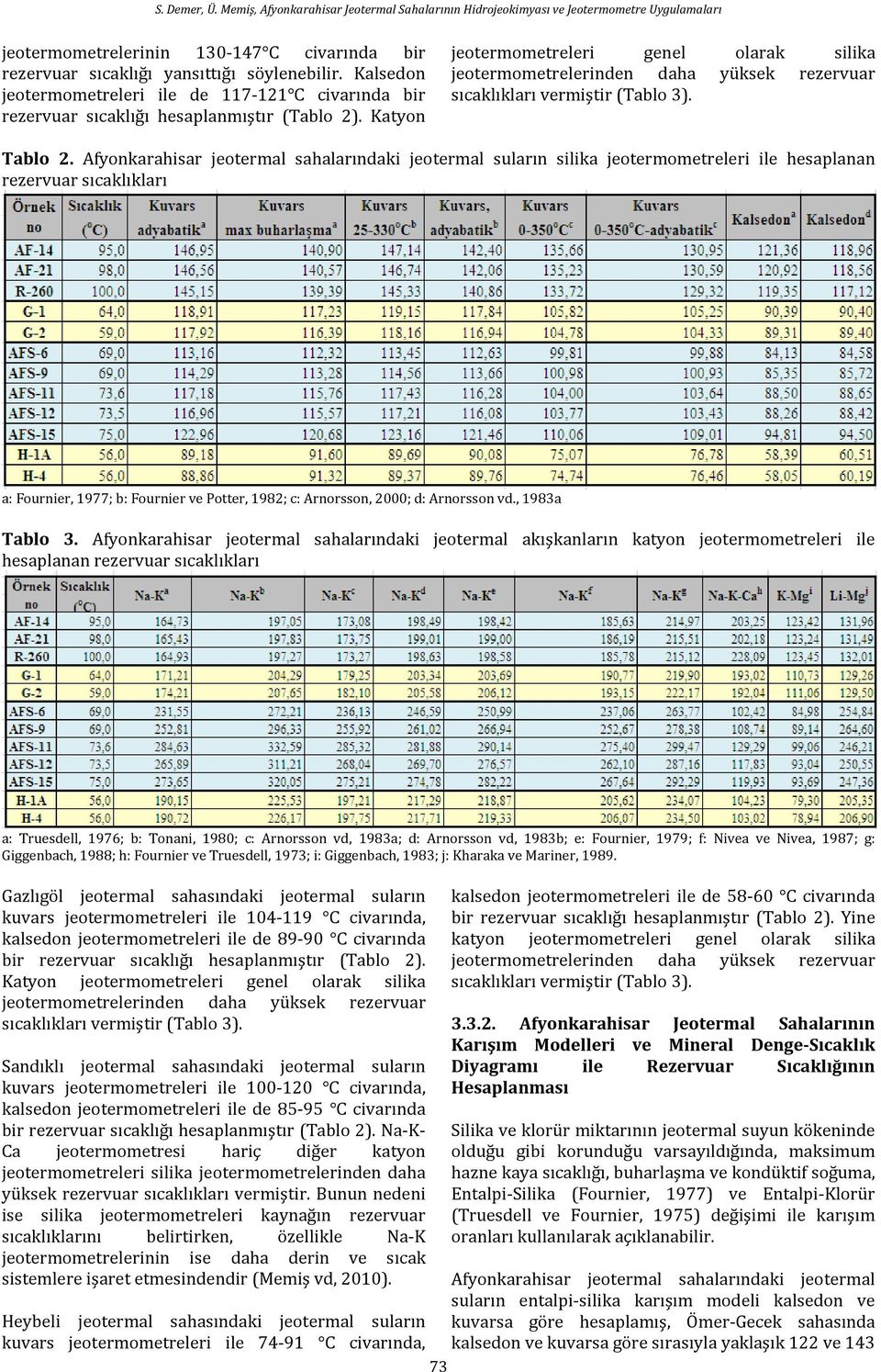 Afyonkarahisar jeotermal sahalarındaki jeotermal suların silika jeotermometreleri ile hesaplanan rezervuar sıcaklıkları a: Fournier, 1977; b: Fournier ve Potter, 1982; c: Arnorsson, 2000; d: