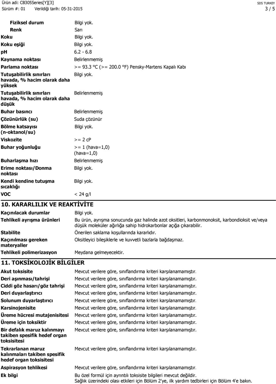 (n-oktanol/su) Viskozite Buhar yoğunluğu Buharlaşma hızı Erime noktası/donma noktası Kendi kendine tutuşma sıcaklığı VOC >= 93.3 C (>= 200.