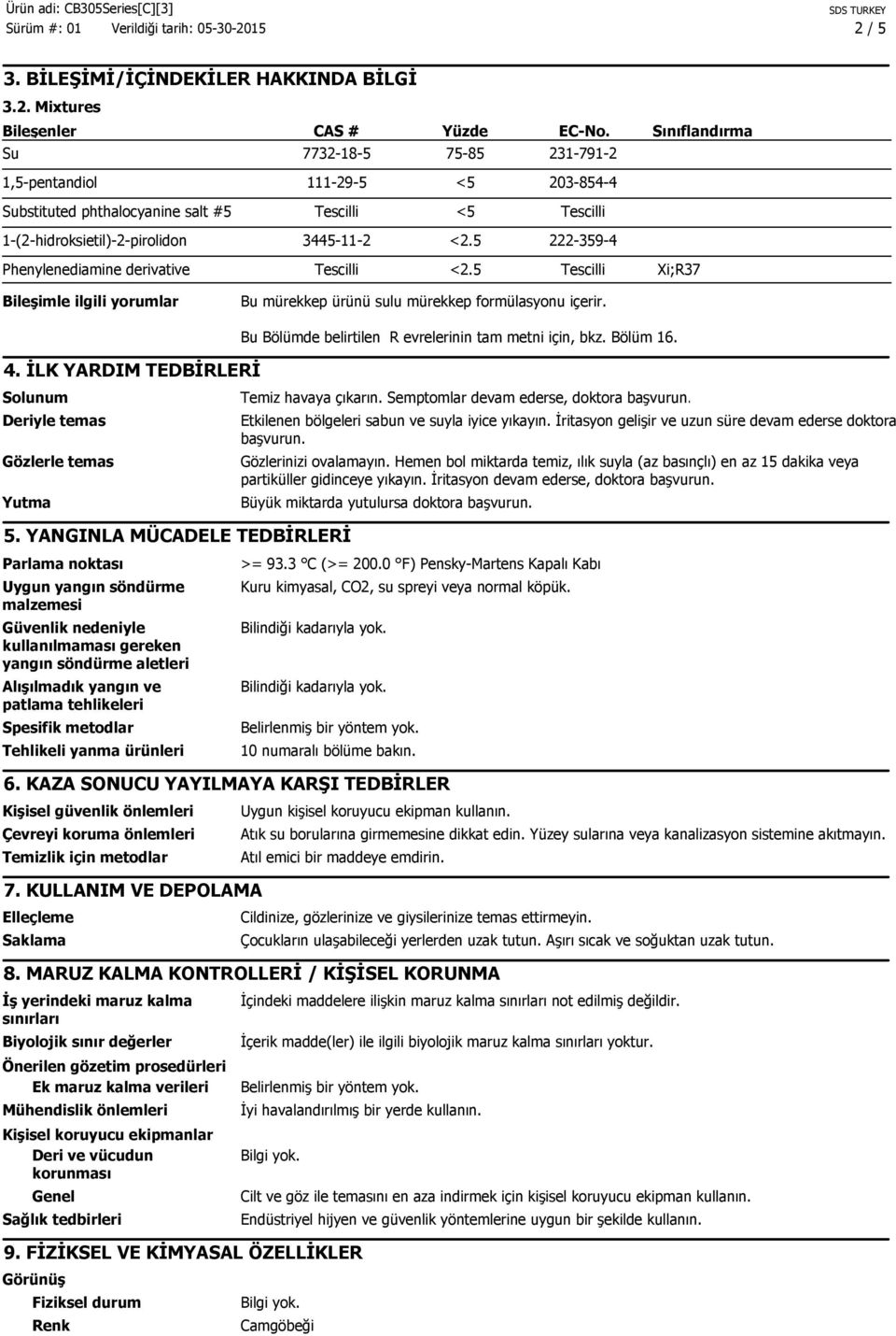 5 222-359-4 Phenylenediamine derivative Tescilli <2.5 Tescilli Xi;R37 Bileşimle ilgili yorumlar Bu mürekkep ürünü sulu mürekkep formülasyonu içerir. 4.