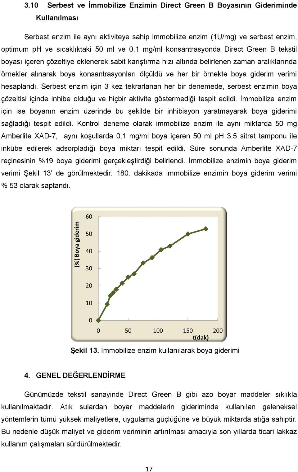 ve 0,1 mg/ml konsantrasyonda Direct Green B tekstil boyası içeren çözeltiye eklenerek sabit karıştırma hızı altında belirlenen zaman aralıklarında örnekler alınarak boya konsantrasyonları ölçüldü ve