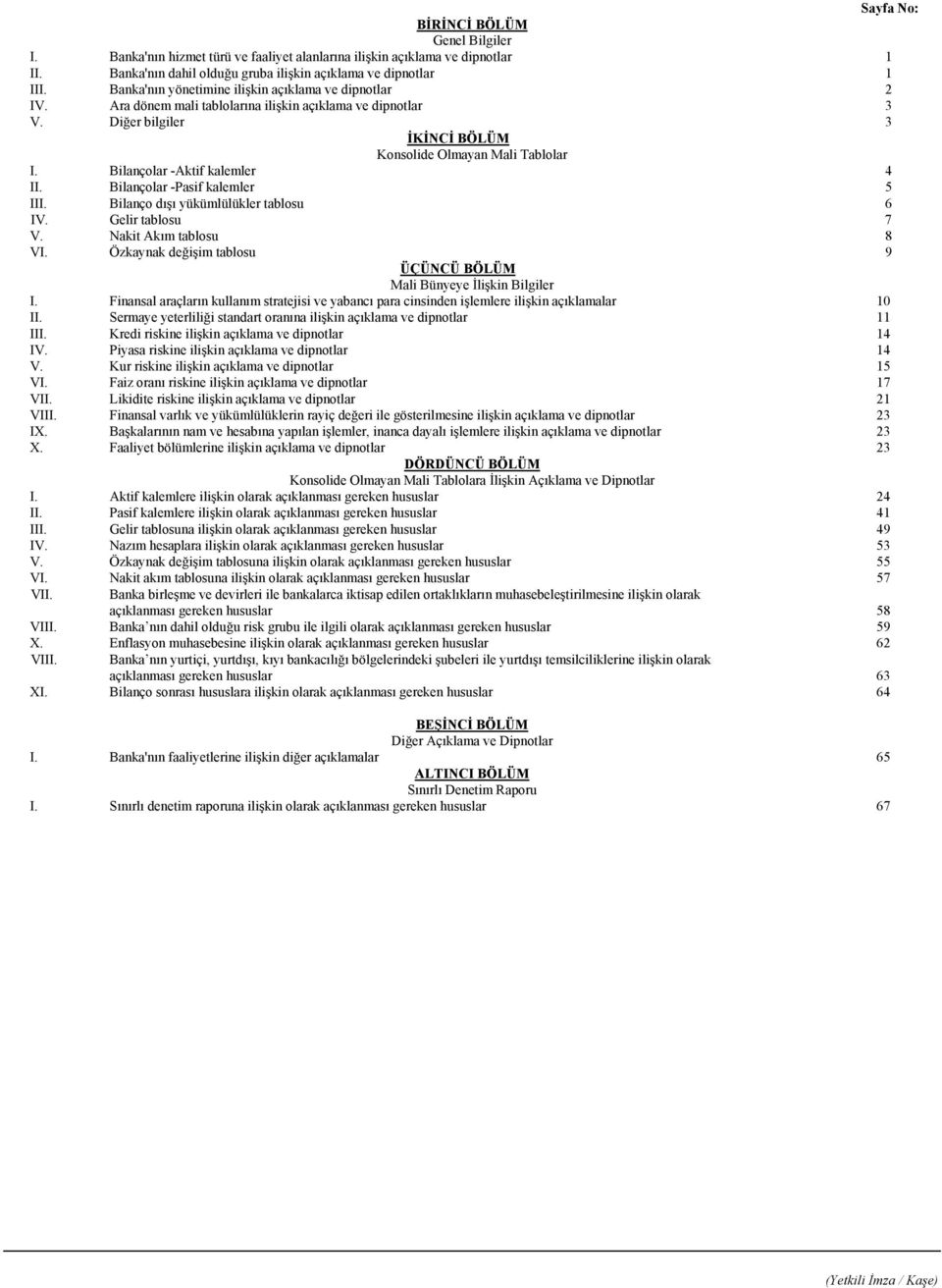 Bilançolar -Aktif kalemler 4 II. Bilançolar -Pasif kalemler 5 III. Bilanço dışı yükümlülükler tablosu 6 IV. Gelir tablosu 7 V. Nakit Akım tablosu 8 VI.