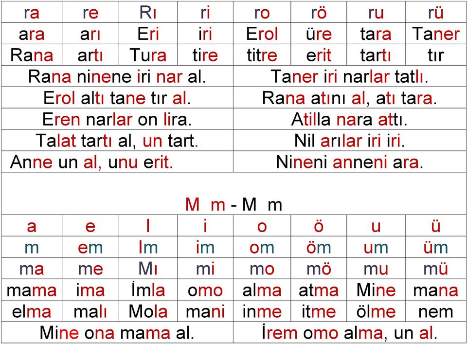 Talat tartı al, un tart. Nil arılar iri iri. Anne un al, unu erit. Nineni anneni ara.