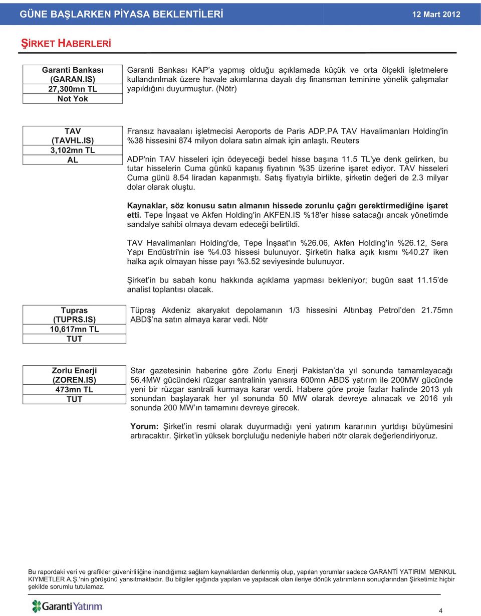 duyurmu tur. (Nötr) TAV (TAVHL.IS) 3,102mn TL AL Frans z havaalan i letmecisi Aeroports de Paris ADP.PA TAV Havalimanlar Holding'in %38 hissesini 874 milyon dolara sat n almak için anla t.