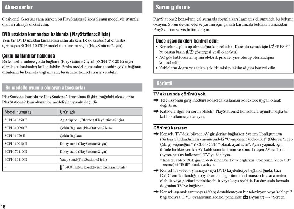 Çoklu bağlantılar hakkında Bu konsolla sadece çoklu bağlantı (PlayStation 2 için) (SCPH-70120 E) (ayrı olarak satılmaktadır) kullanılabilir.