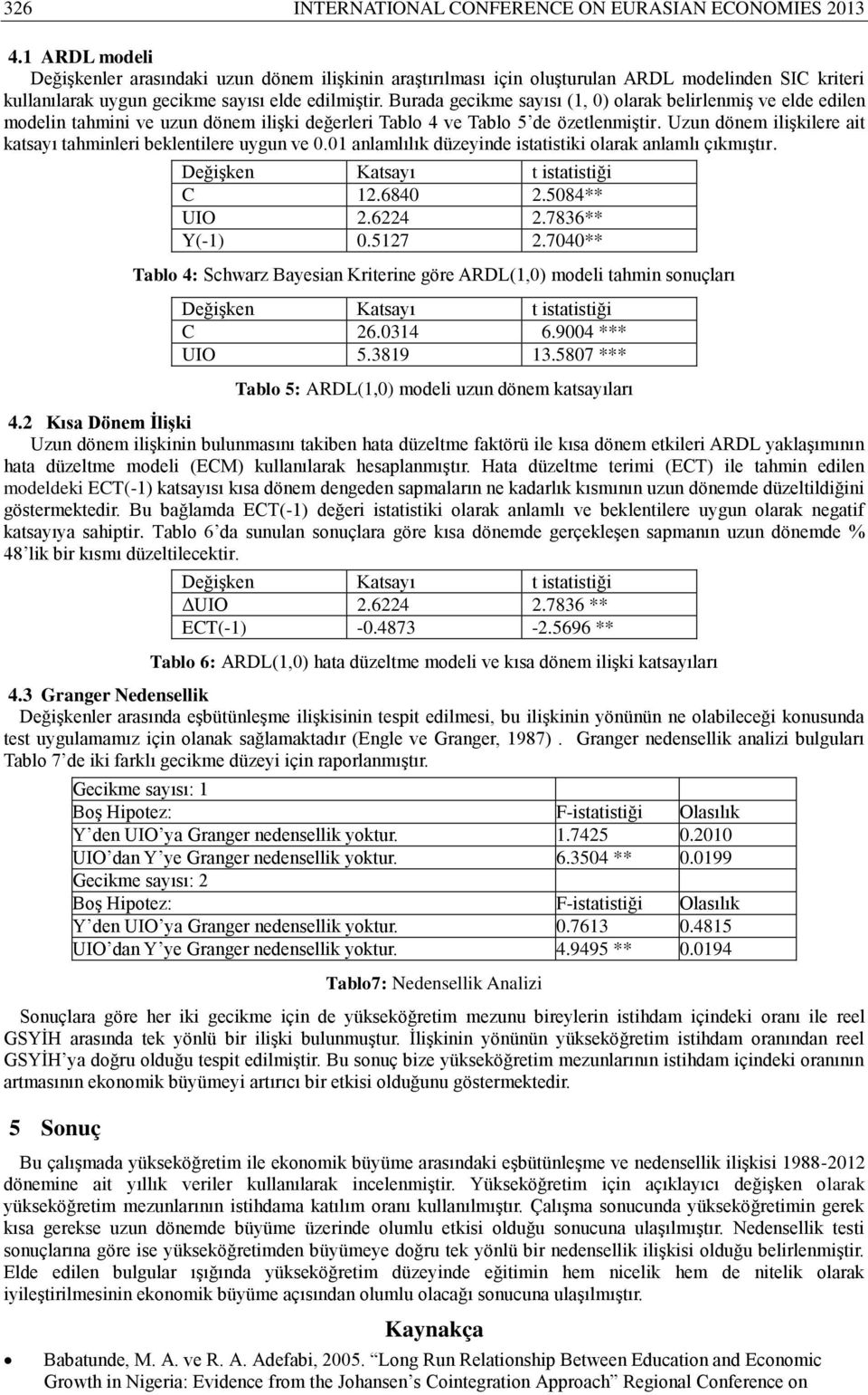 Burada gecike sayısı (1, ) olarak belirleniş ve elde edilen odelin ahini ve uzun döne ilişki değerleri Tablo 4 ve Tablo 5 de özelenişir. Uzun döne ilişkilere ai kasayı ahinleri beklenilere uygun ve.