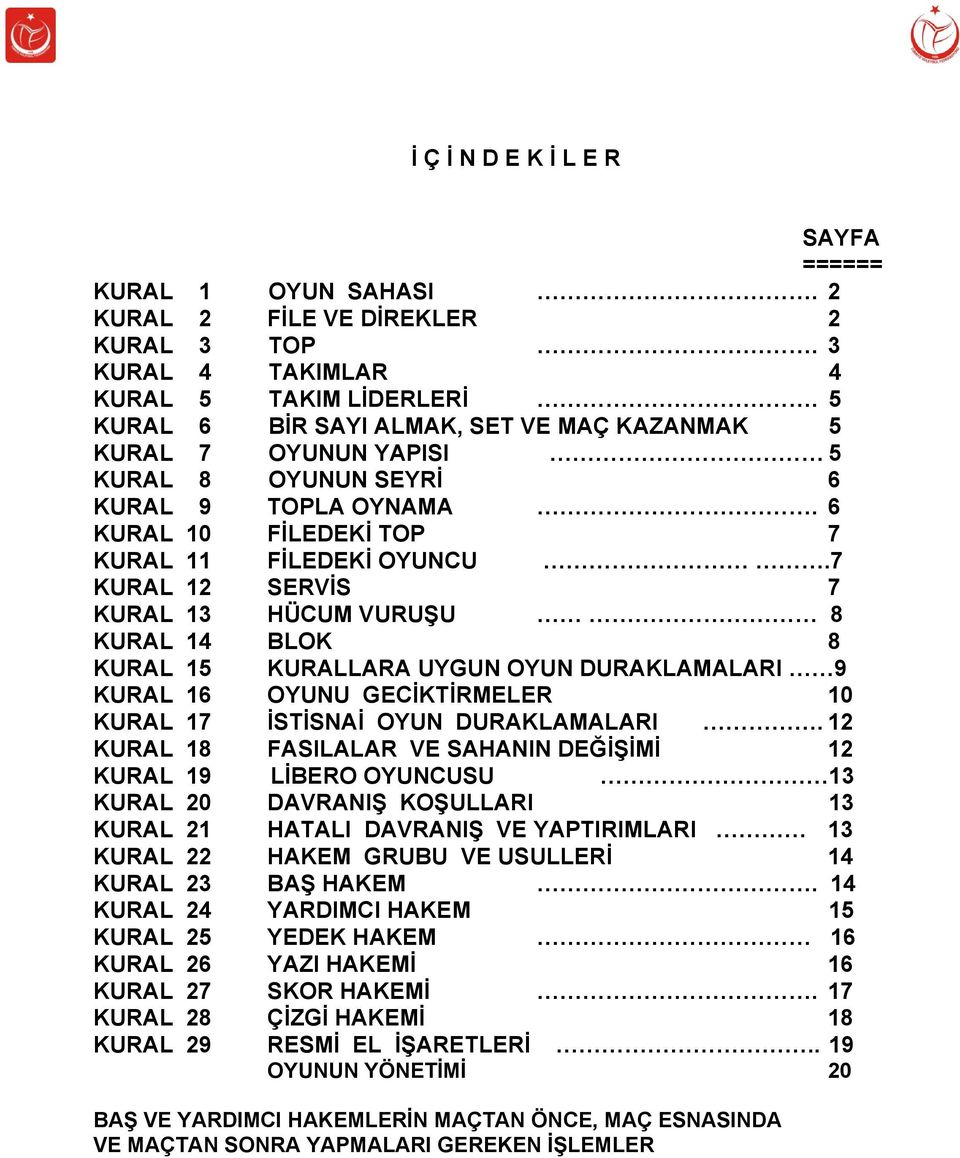 7 KURAL 12 SERVİS 7 KURAL 13 HÜCUM VURUŞU 8 KURAL 14 BLOK 8 KURAL 15 KURALLARA UYGUN OYUN DURAKLAMALARI 9 KURAL 16 OYUNU GECİKTİRMELER 10 KURAL 17 İSTİSNAİ OYUN DURAKLAMALARI.