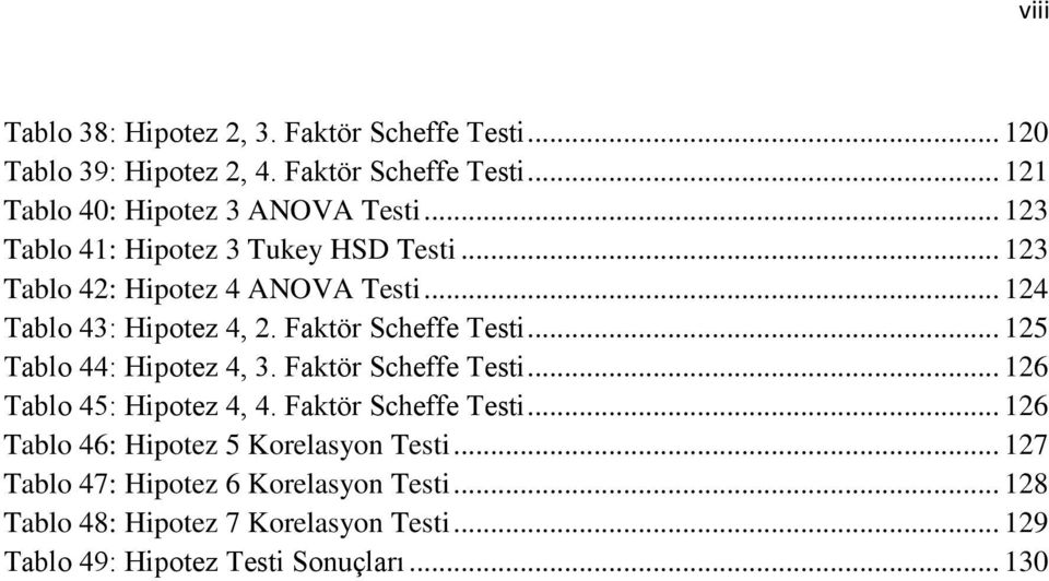 .. 125 Tablo 44: Hipotez 4, 3. Faktör Scheffe Testi... 126 Tablo 45: Hipotez 4, 4. Faktör Scheffe Testi... 126 Tablo 46: Hipotez 5 Korelasyon Testi.