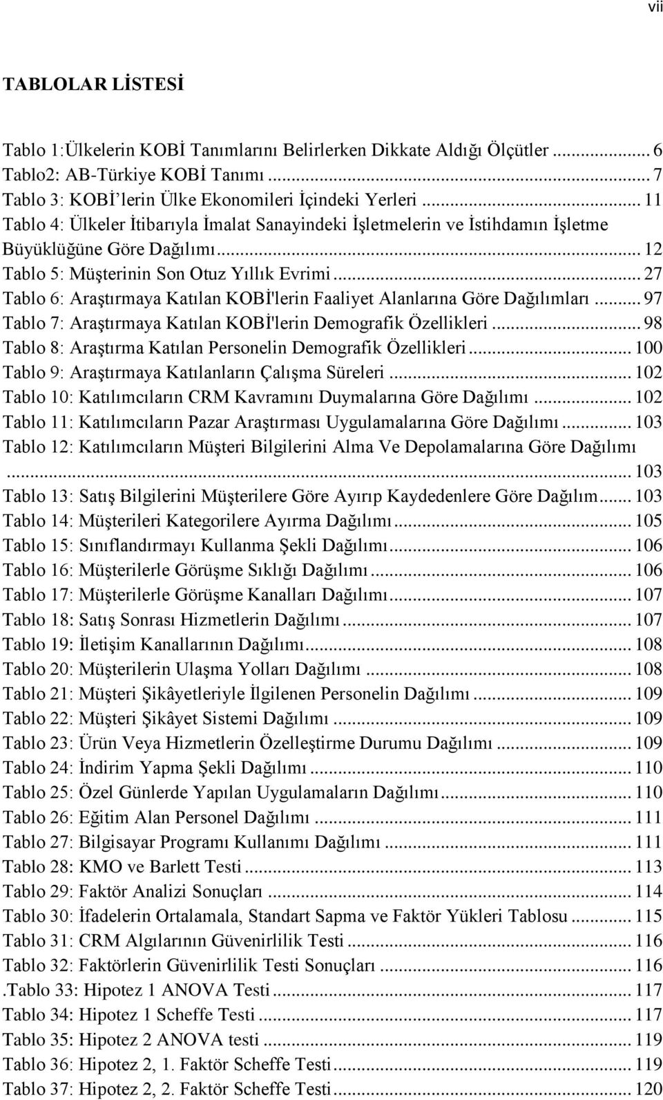 .. 27 Tablo 6: Araştırmaya Katılan KOBİ'lerin Faaliyet Alanlarına Göre Dağılımları... 97 Tablo 7: Araştırmaya Katılan KOBİ'lerin Demografik Özellikleri.