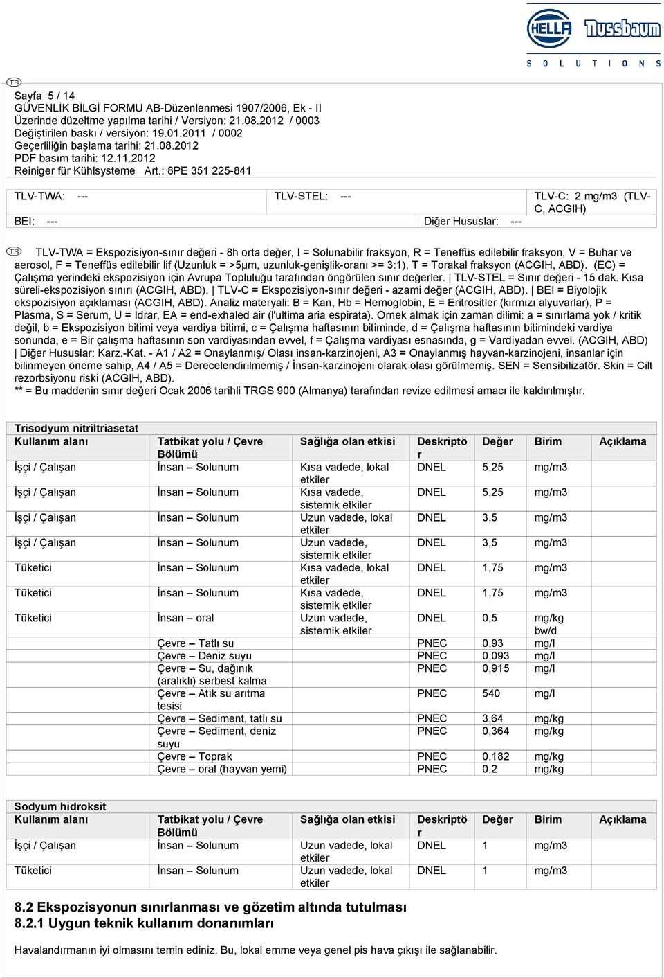 (EC) = Çalışma yerindeki ekspozisiyon için Avrupa Topluluğu tarafından öngörülen sınır değerler. TLV-STEL = Sınır değeri - 15 dak. Kısa süreli-ekspozisiyon sınırı (ACGIH, ABD).