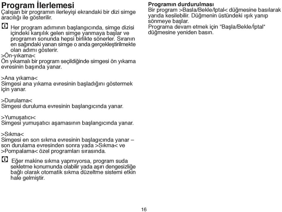 S ran n en sa ndaki yanan simge o anda gerçeklefltirilmekte olan ad m gösterir. >Ön-y kama< Ön y kamal bir program seçildi inde simgesi ön y kama evresinin bafl nda yanar.