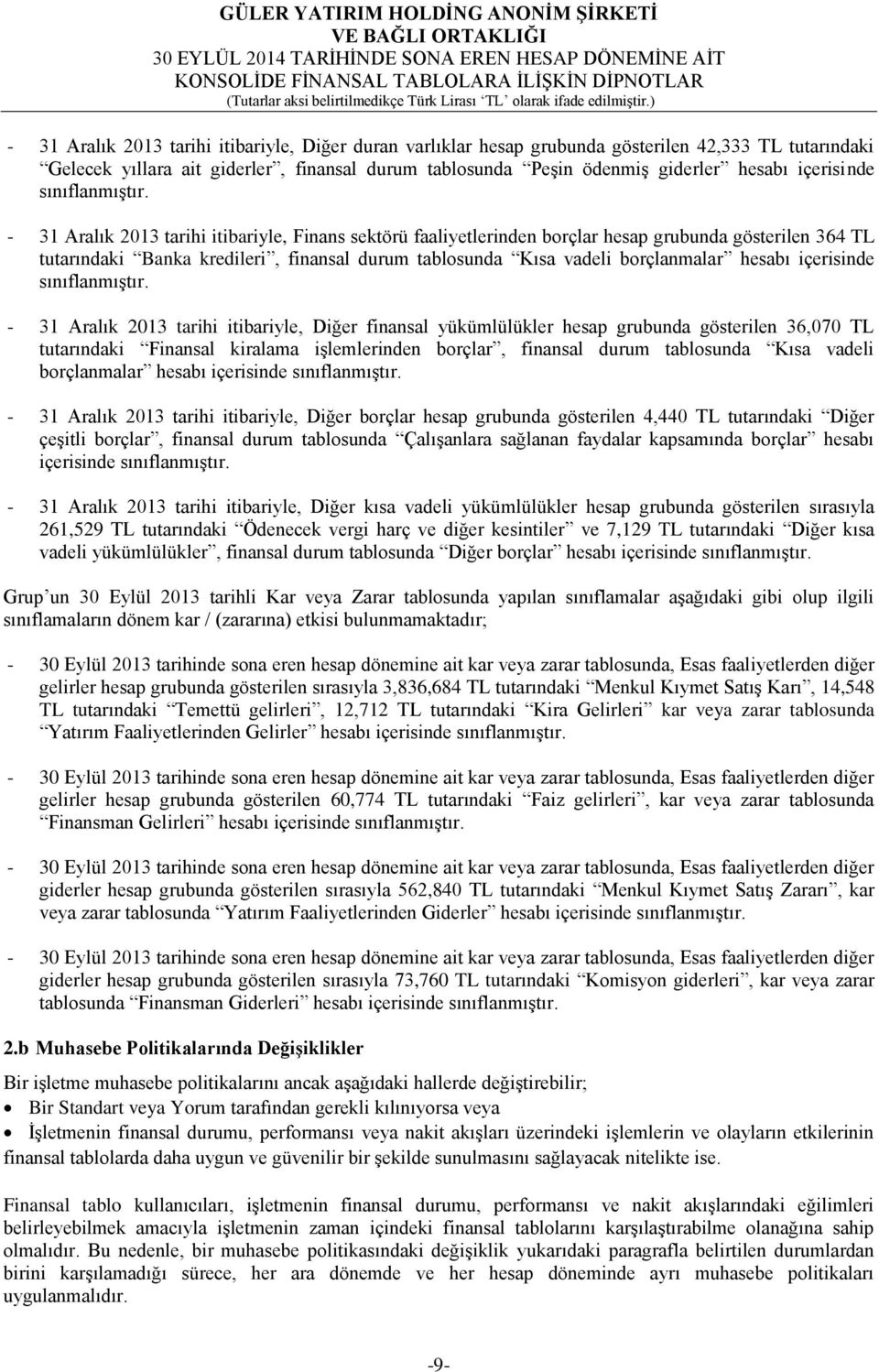 - 31 Aralık 2013 tarihi itibariyle, Finans sektörü faaliyetlerinden borçlar hesap grubunda gösterilen 364 TL tutarındaki Banka kredileri, finansal durum tablosunda Kısa vadeli borçlanmalar hesabı  -