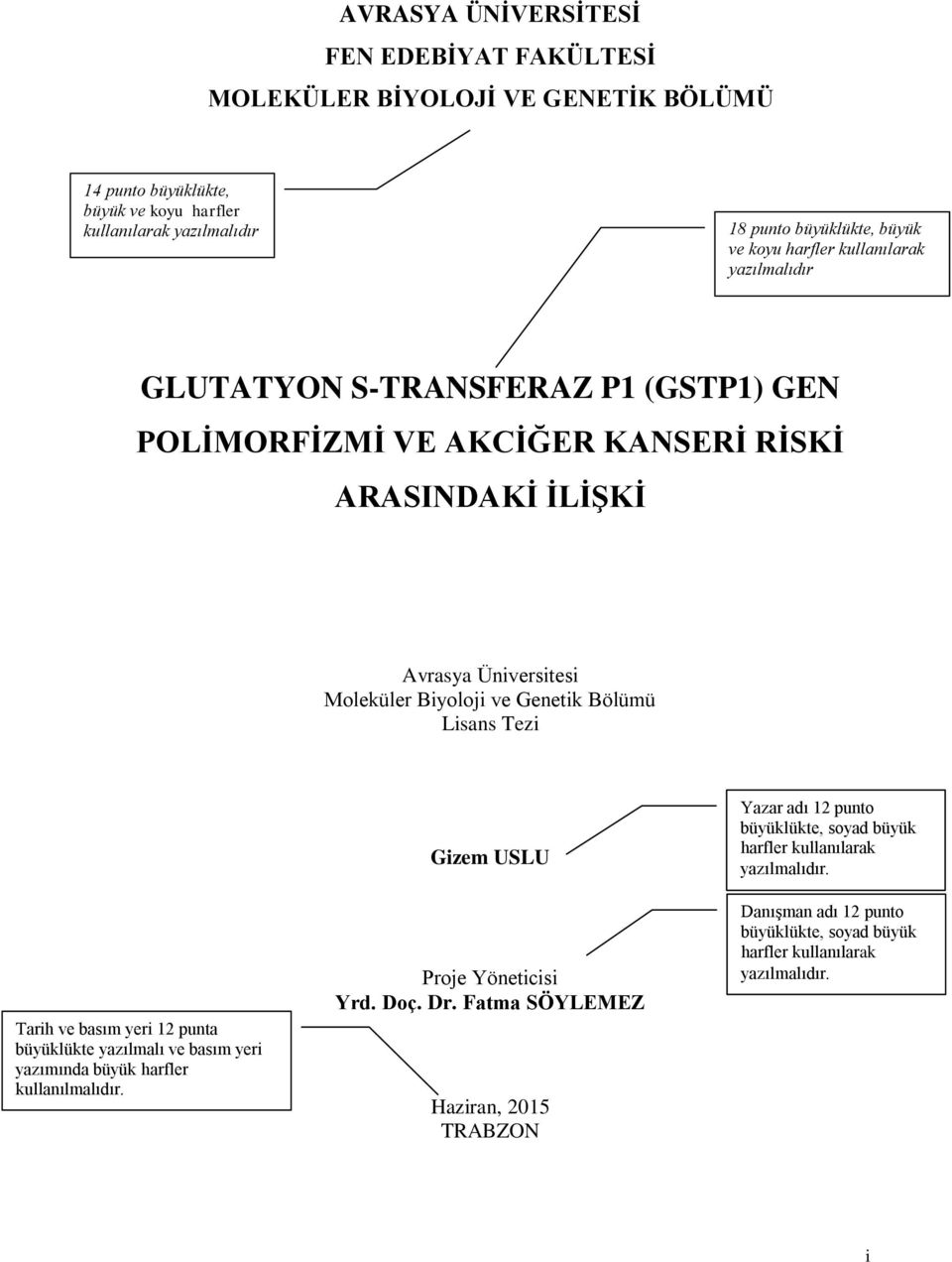 Genetik Bölümü Lisans Tezi Tarih ve basım yeri 12 punta büyüklükte yazılmalı ve basım yeri yazımında büyük harfler kullanılmalıdır. Gizem USLU Proje Yöneticisi Yrd. Doç. Dr.