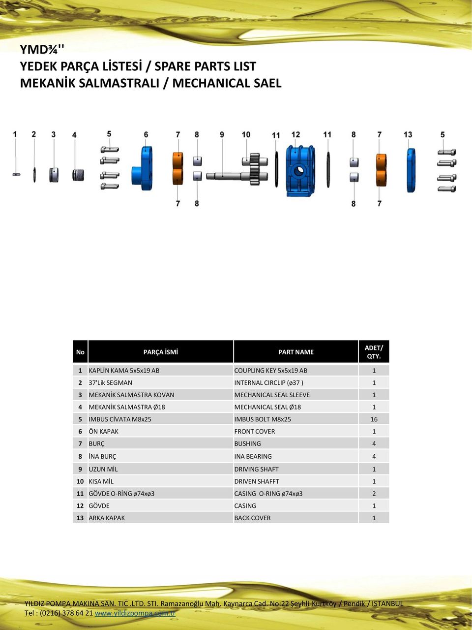 SLEEVE 1 4 MEKANİK SALMASTRA Ø18 MECHANICAL SEAL Ø18 1 5 IMBUS CİVATA M8x25 IMBUS BOLT M8x25 16 6 ÖN KAPAK FRONT COVER 1 7 BURÇ BUSHING 4