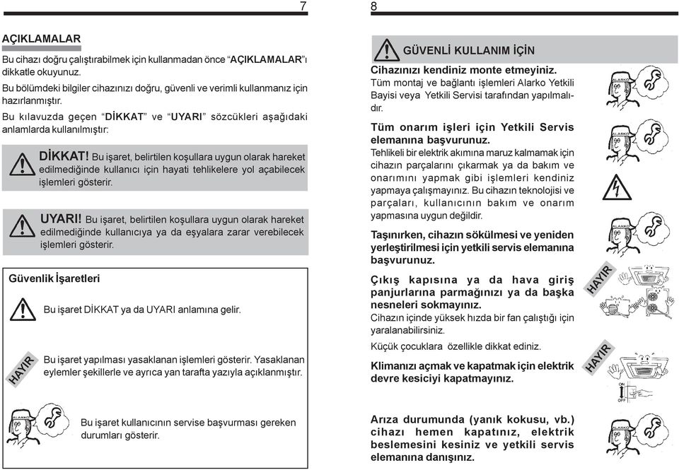 Bu iþaret, belirtilen koþullara uygun olarak hareket edilmediðinde kullanýcý için hayati tehlikelere yol açabilecek iþlemleri gösterir. UYARI!