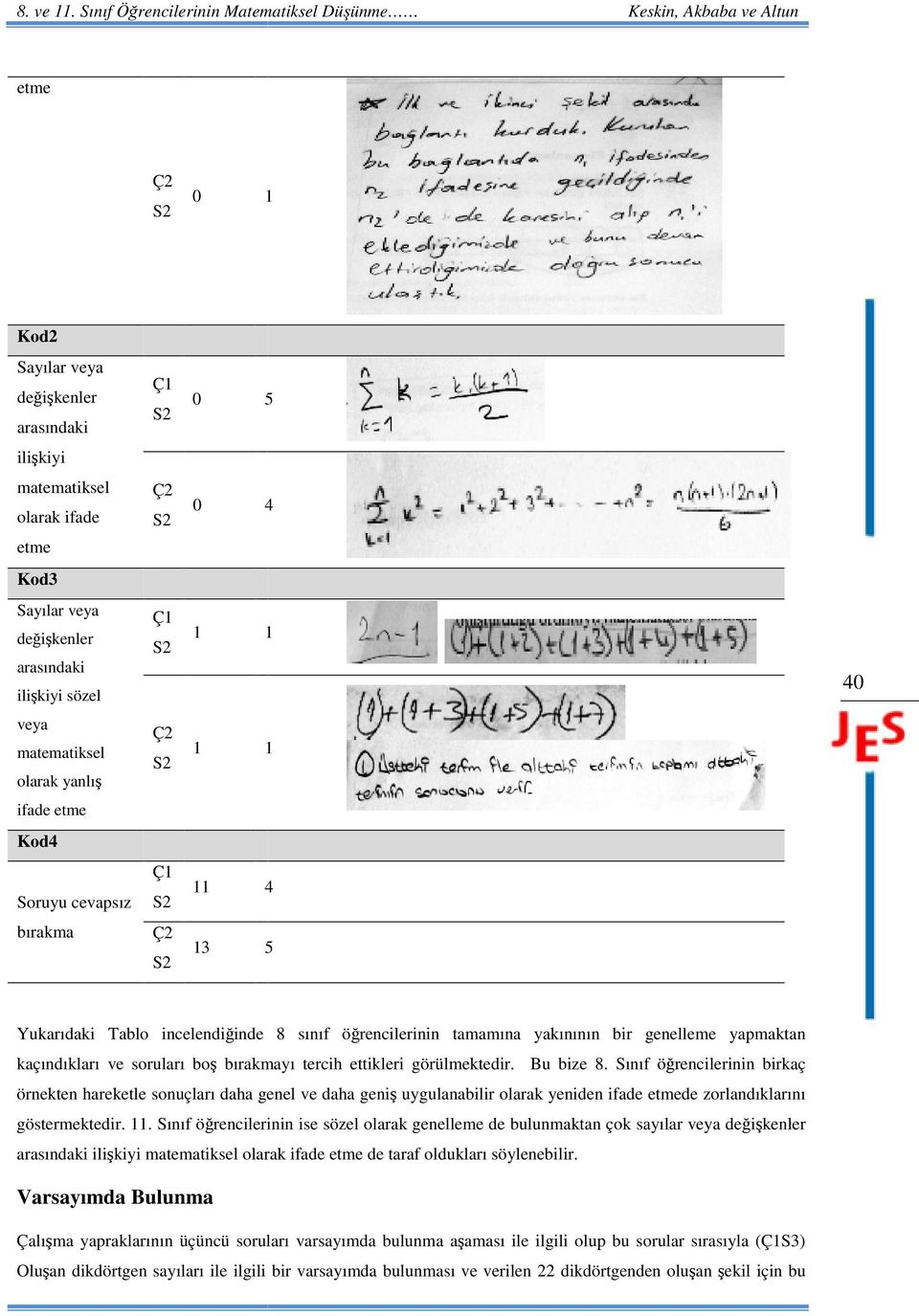 arasındaki ilişkiyi sözel 1 1 40 veya matematiksel olarak yanlış 1 1 ifade etme Kod4 Soruyu cevapsız 11 4 bırakma 13 5 Yukarıdaki Tablo incelendiğinde inde 8 sınıf öğrencilerinin tamamına yakınının