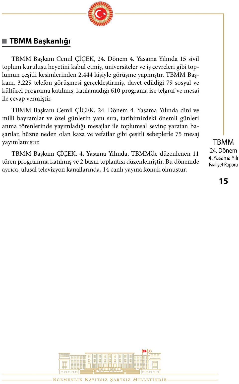 Başkanı Cemil ÇİÇEK, nda dini ve milli bayramlar ve özel günlerin yanı sıra, tarihimizdeki önemli günleri anma törenlerinde yayımladığı mesajlar ile toplumsal sevinç yaratan başarılar, hüzne neden