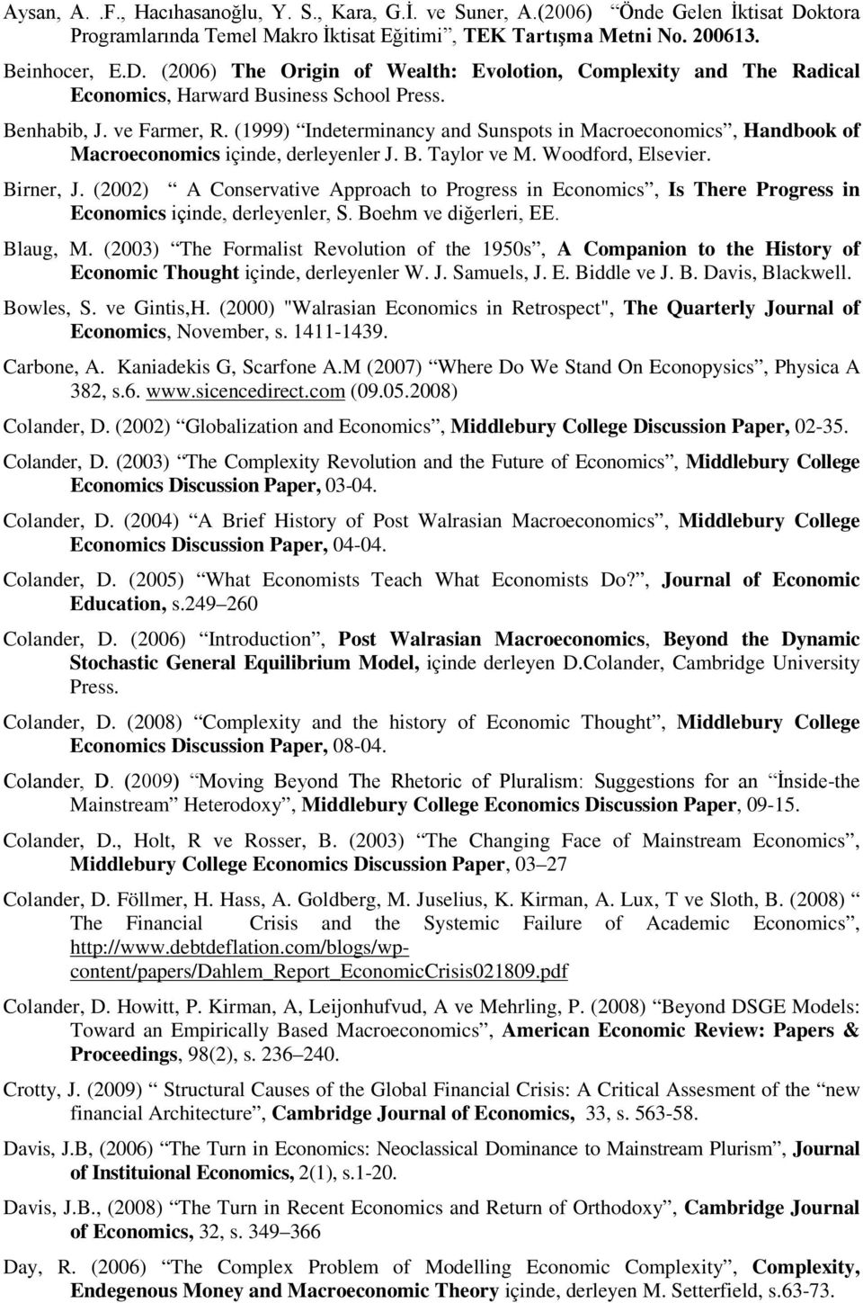 (2002) A Conservative Approach to Progress in Economics, Is There Progress in Economics içinde, derleyenler, S. Boehm ve diğerleri, EE. Blaug, M.