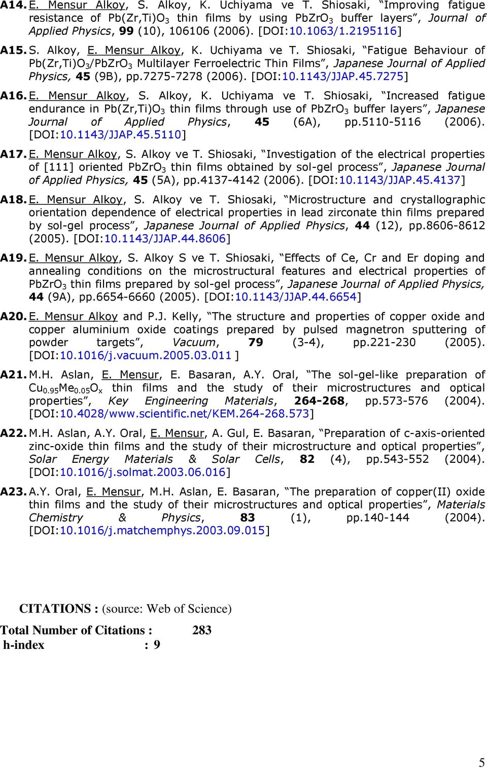 Shiosaki, Fatigue Behaviour of Pb(Zr,Ti)O 3 /PbZrO 3 Multilayer Ferroelectric Thin Films, Japanese Journal of Applied Physics, 45 (9B), pp.7275-7278 (2006). [DOI:10.1143/JJAP.45.7275] A16. E.