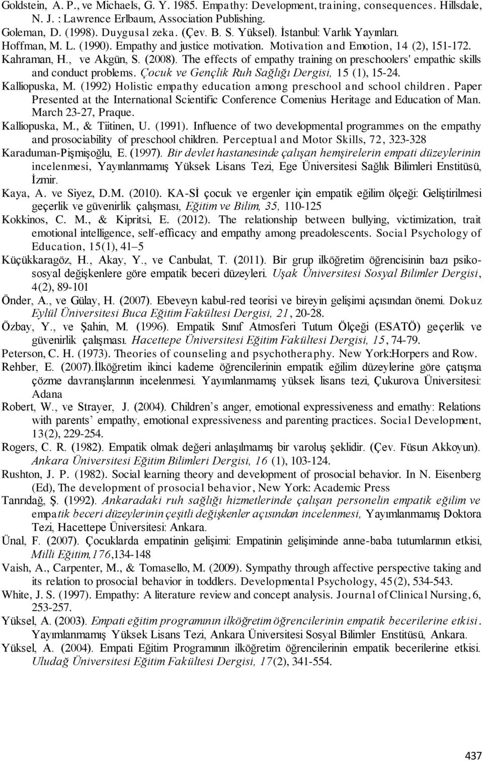 The effects of empathy training on preschoolers' empathic skills and conduct problems. Çocuk ve Gençlik Ruh Sağlığı Dergisi, 15 (1), 15-24. Kalliopuska, M.