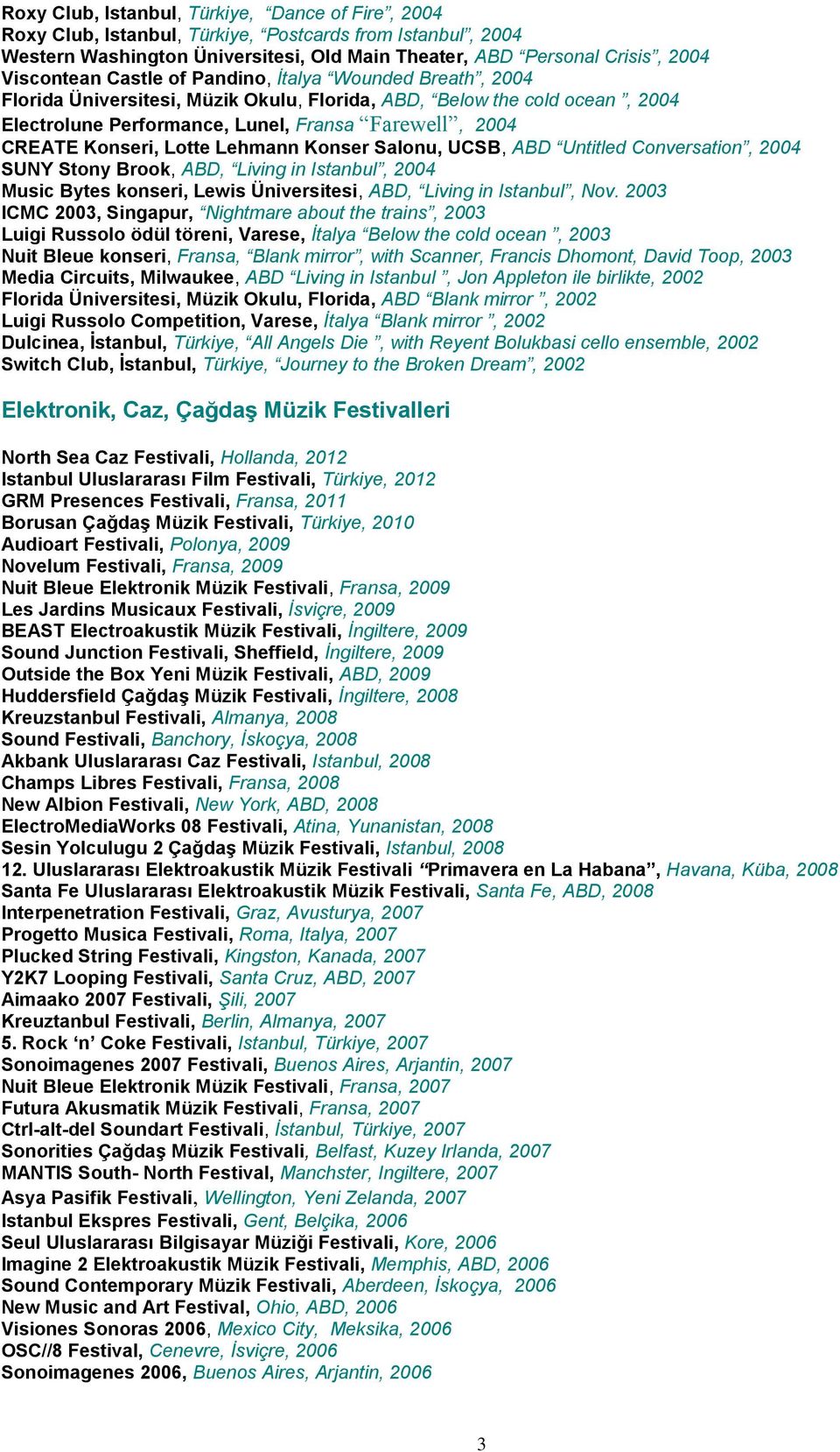 Lehmann Konser Salonu, UCSB, ABD Untitled Conversation, 2004 SUNY Stony Brook, ABD, Living in Istanbul, 2004 Music Bytes konseri, Lewis Üniversitesi, ABD, Living in Istanbul, Nov.