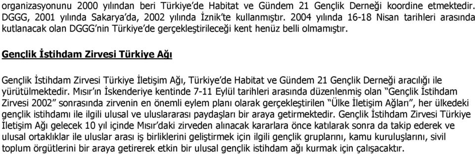 Gençlik İstihdam Zirvesi Türkiye Ağı Gençlik İstihdam Zirvesi Türkiye İletişim Ağı, Türkiye de Habitat ve Gündem 21 Gençlik Derneği aracılığı ile yürütülmektedir.