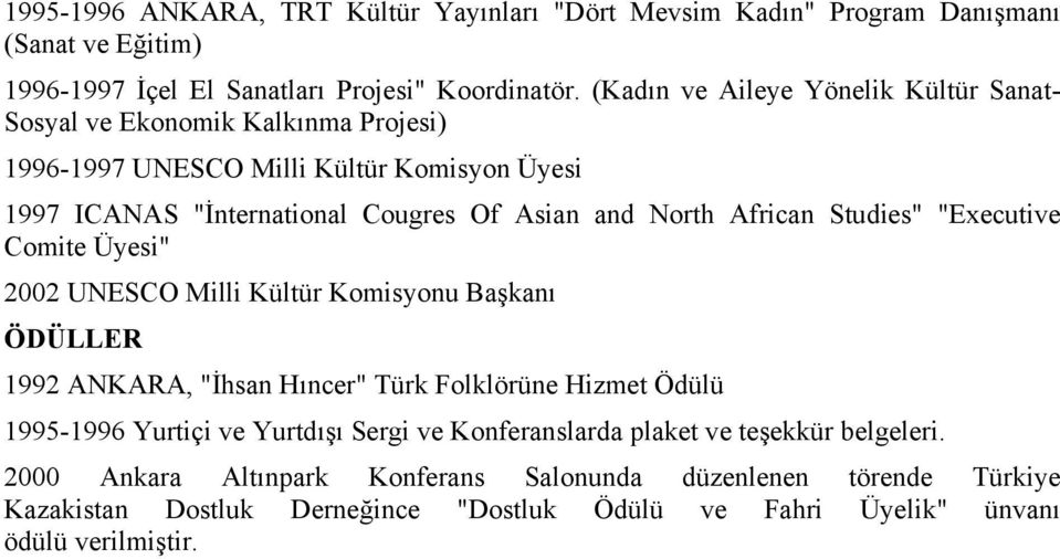 African Studies" "Executive Comite Üyesi" 2002 UNESCO Milli Kültür Komisyonu Başkanı ÖDÜLLER 1992 ANKARA, "İhsan Hıncer" Türk Folklörüne Hizmet Ödülü 1995-1996 Yurtiçi ve