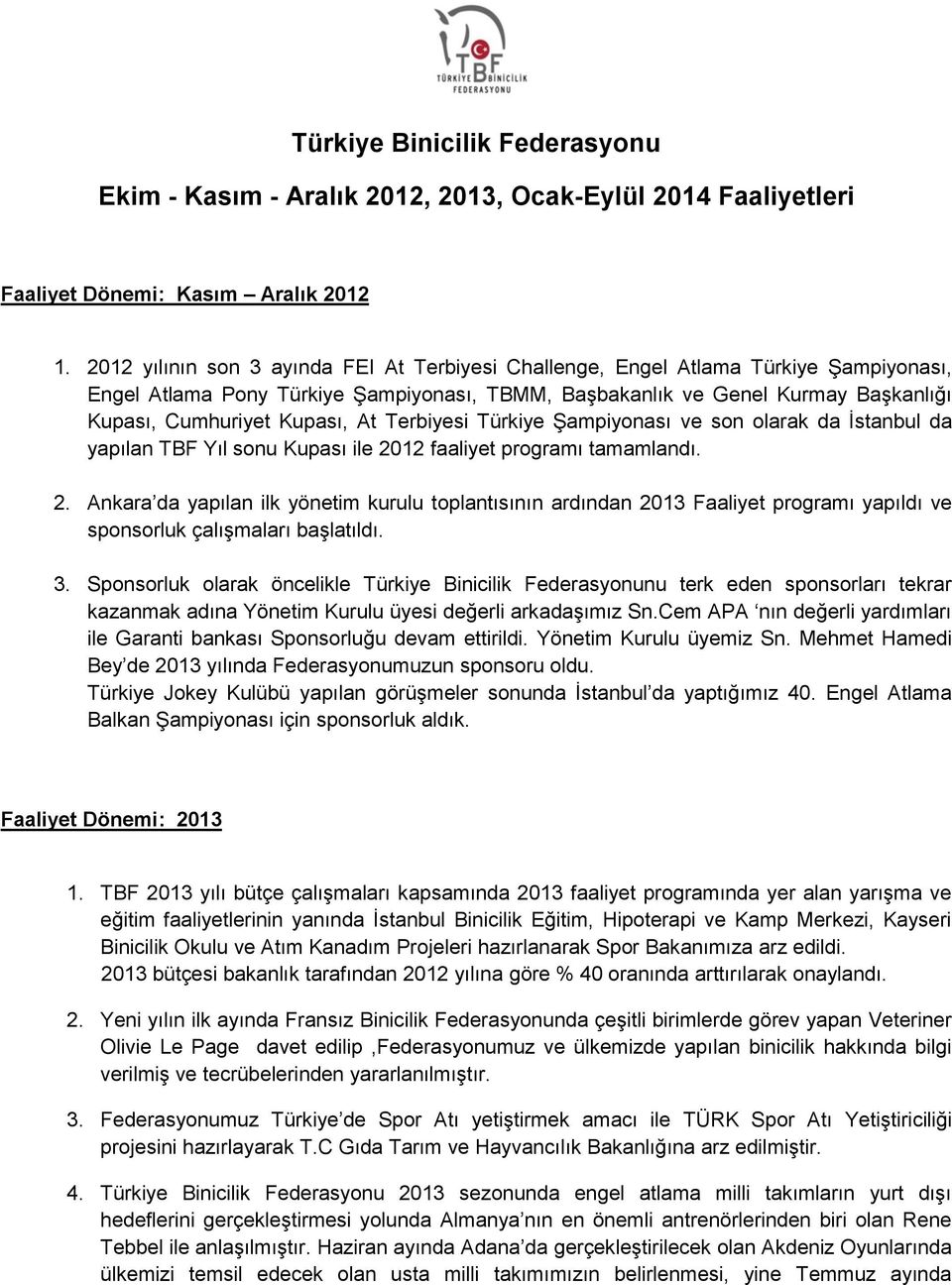 At Terbiyesi Türkiye Şampiyonası ve son olarak da İstanbul da yapılan TBF Yıl sonu Kupası ile 20