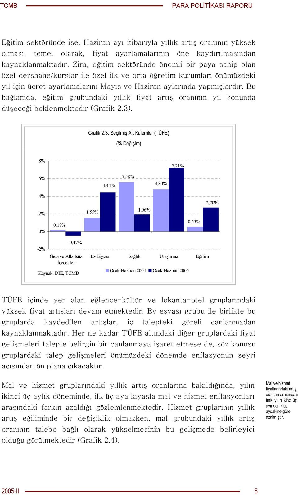 Seçilmiş Alt Kalemler (TÜFE) (% Değişim) 8% 7,21% 6% 4,44% 5,58% 4,80% 4% 2% 0% 0,17% 1,55% 1,96% 0,55% 2,70% -2% -0,47% Gıda ve Alkolsüz İçecekler Kaynak: DİE, TCMB Ev Eşyası Sağlık Ulaştırma Eğitim