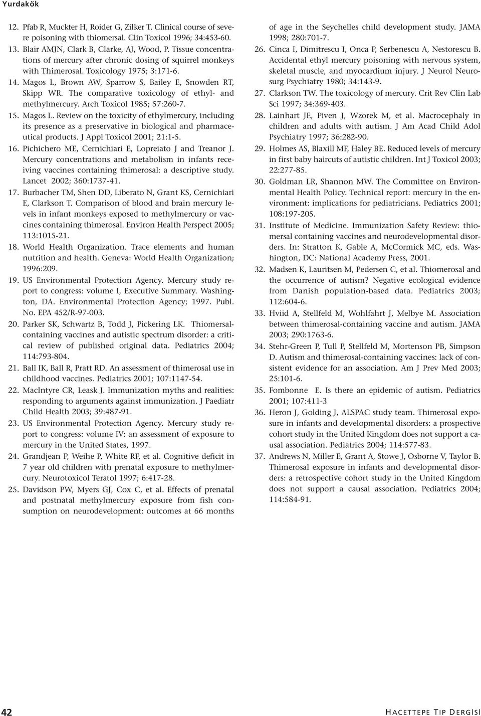 The comparative toxicology of ethyl- and methylmercury. Arch Toxicol 1985; 57:260-7. 15. Magos L.