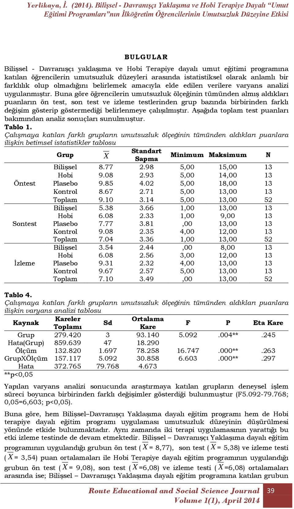 Buna göre öğrencilerin umutsuzluk ölçeğinin tümünden almış aldıkları puanların ön test, son test ve izleme testlerinden grup bazında birbirinden farklı değişim gösterip göstermediği belirlenmeye