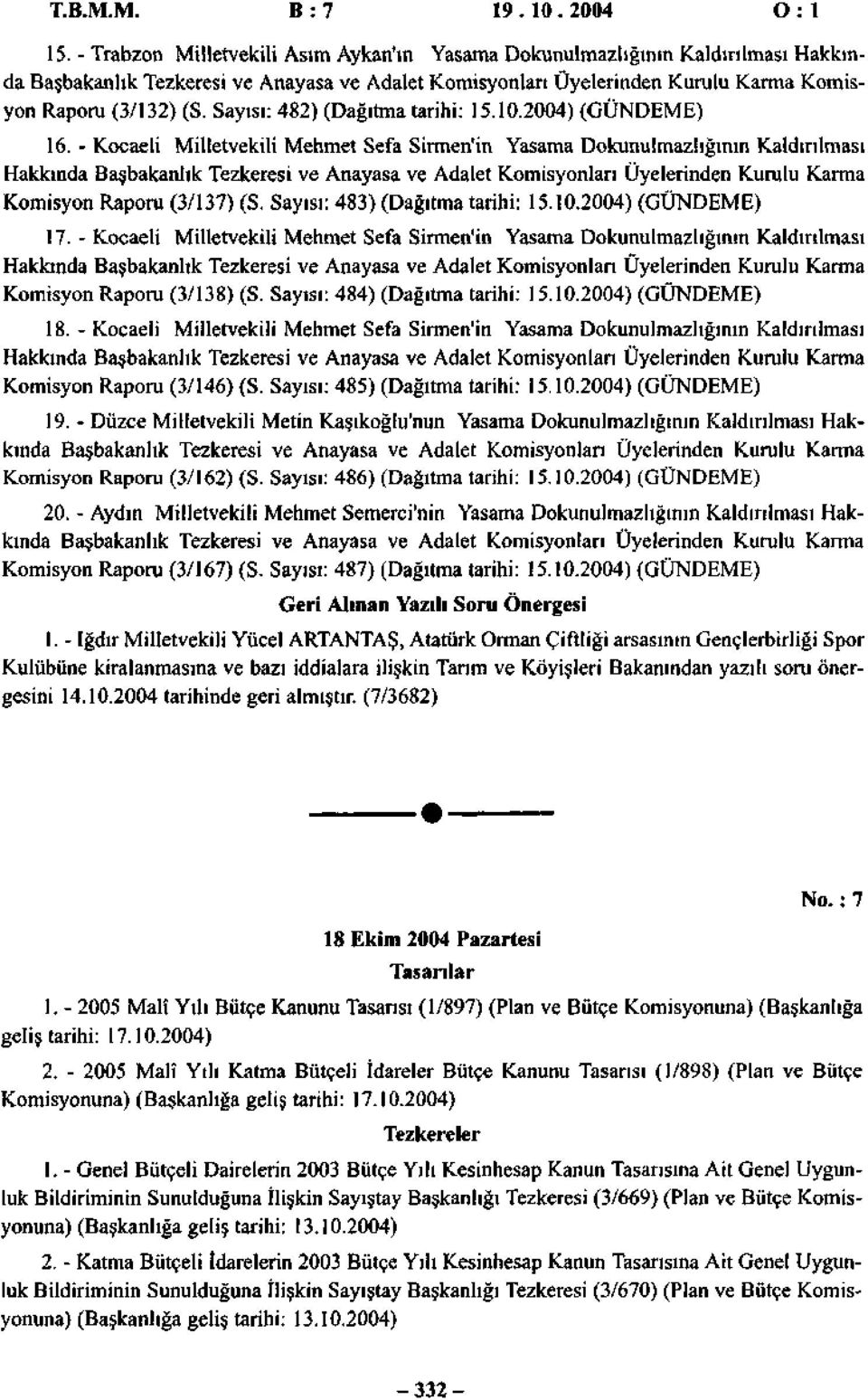 Sayısı: 482) (Dağıtma tarihi: 15.10.2004) (GÜNDEME) 16.