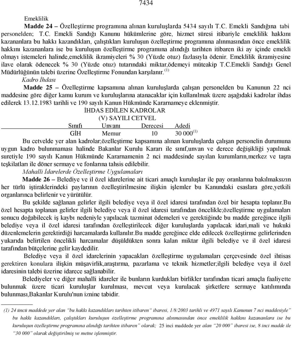 Emekli Sandığı Kanunu hükümlerine göre, hizmet süresi itibariyle emeklilik hakkını kazananlara bu hakkı kazandıkları, çalıştıkları kuruluşun özelleştirme programına alınmasından önce emeklilik