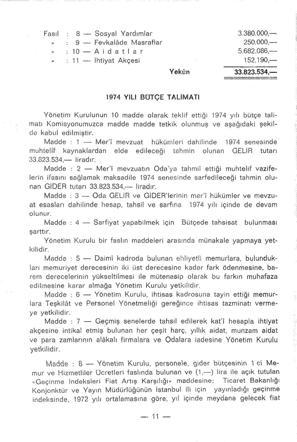 Madde : 1 - Mer'i mevzuat hükümleri dahilinde 1974 senesi nde muhteli'f kaynaklardan elde edileceği tahmin olunan GELiR tutarı 33.323.534,- liradır.