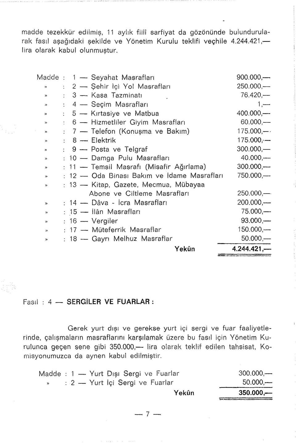 - Posta ve Telgraf 1 O - Damga Puiu Masrafları 11 - Temsil Masrafı (Misafir Ağırlama) 12 - Oda Binası Bakım ve idame Masrafları 13 - Kitap, Gazete, Mecmua, Mübayaa Abone ve Ciltleme Masrafları 14 -