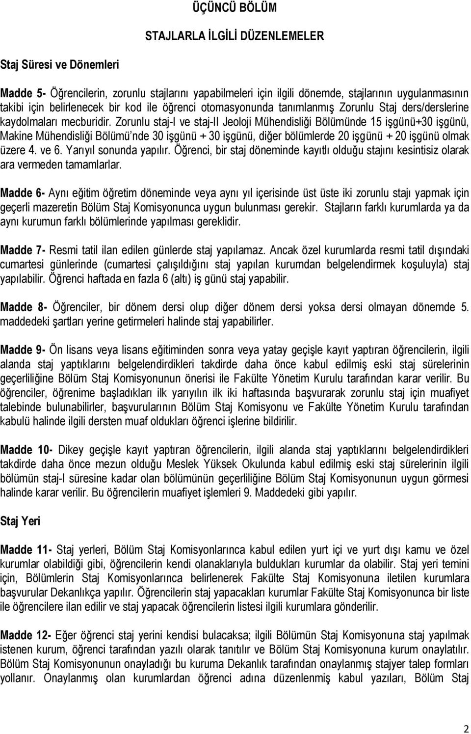 Zorunlu staj-i ve staj-ii Jeoloji Mühendisliği Bölümünde 15 işgünü+30 işgünü, Makine Mühendisliği Bölümü nde 30 işgünü + 30 işgünü, diğer bölümlerde 20 işgünü + 20 işgünü olmak üzere 4. ve 6.