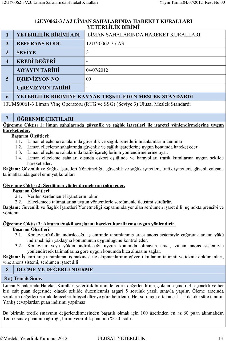 (RTG ve SSG) (Seviye 3) Ulusal Meslek Standardı 7 ÖĞRENME ÇIKTILARI Öğrenme Çıktısı 1: liman sahalarında güvenlik ve sağlık işaretleri ile işaretçi yönlendirmelerine uygun hareket eder. 1.1. Liman elleçleme sahalarında güvenlik ve sağlık işaretlerinin anlamlarını tanımlar.