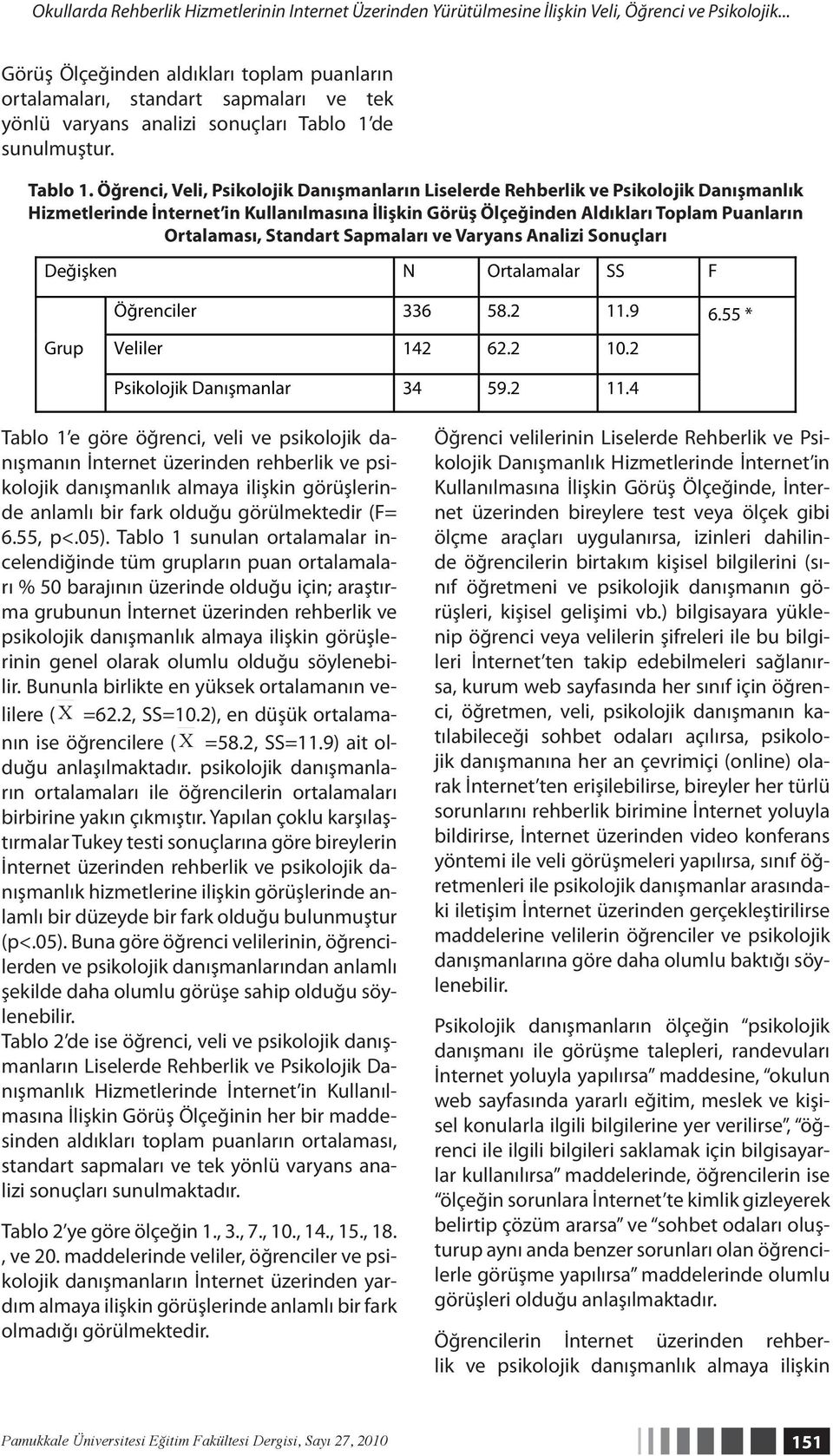 de sunulmuştur. Tablo 1.