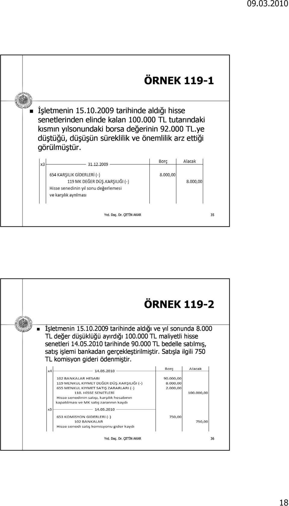 35 ÖRNEK 119-2 İşletmenin 15.10.2009 tarihinde aldığı ve yıl sonunda 8.000 TL değer düşüklüğü ayırdığı 100.