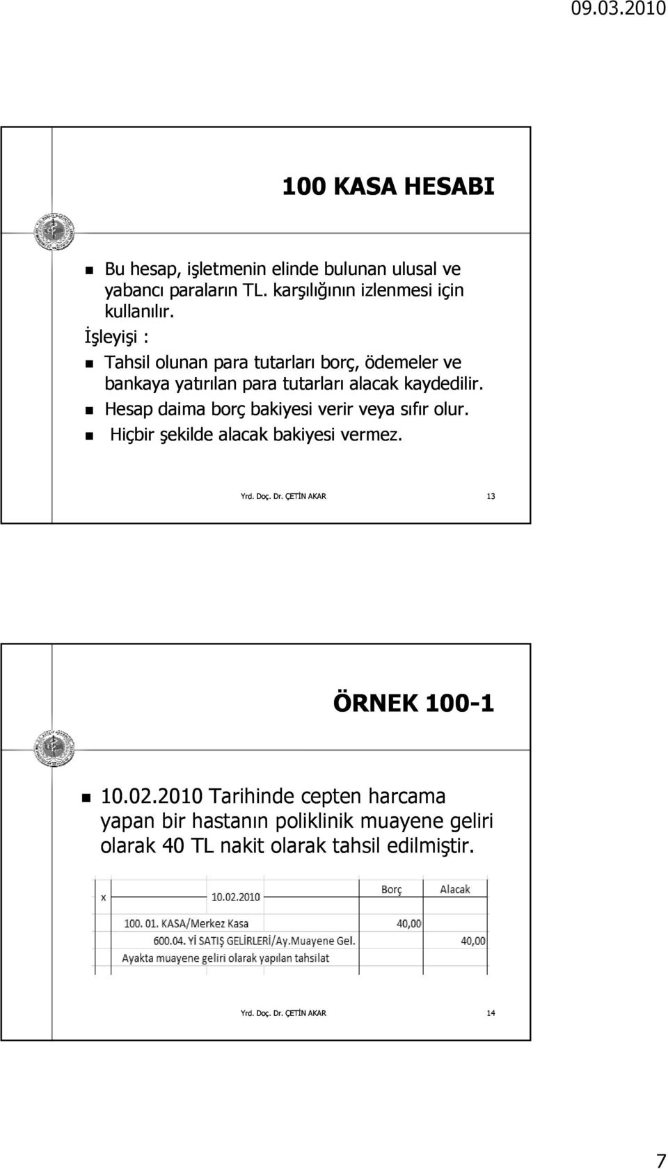 İşleyişi : Tahsil olunan para tutarları borç, ödemeler ve bankaya yatırılan para tutarları alacak kaydedilir.